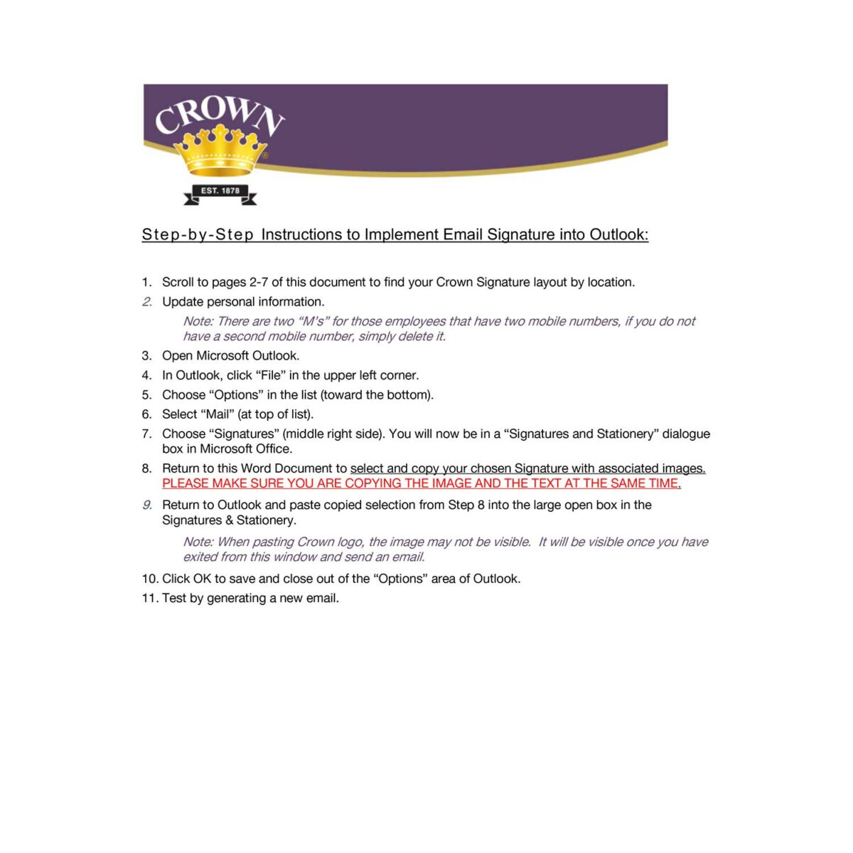 Crown Outlook Email Signature Instructions International